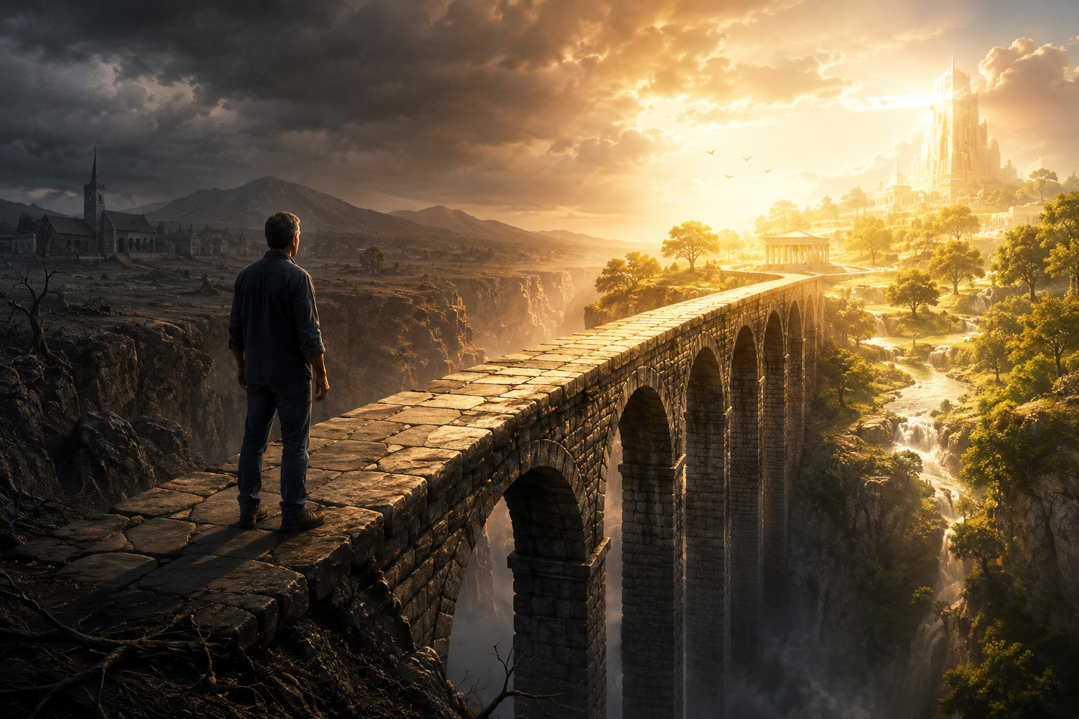 A symbolic stone bridge crossing a deep chasm from a dark landscape into a radiant new land.