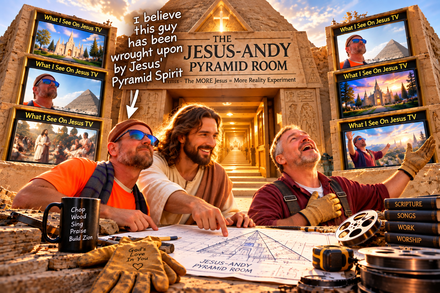 Greg, Jesus, and Andy at the entrance to the Jesus-Andy Pyramid Room
