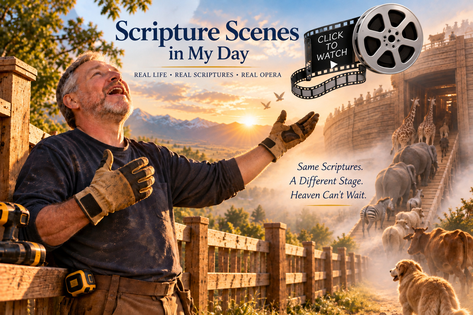 Greg singing praises while repairing a fence as he imagines Noah's ark