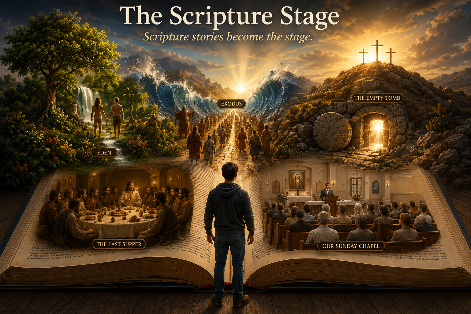 An open Bible transforming into a stage containing several scripture scenes.