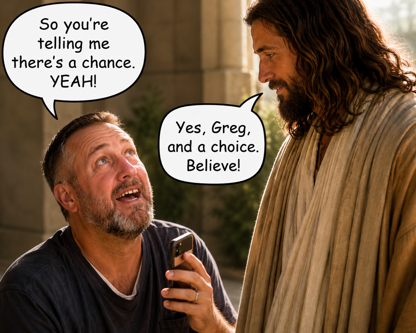 Greg looking up at Jesus and saying, So you're telling me there's a chance. YEAH!
