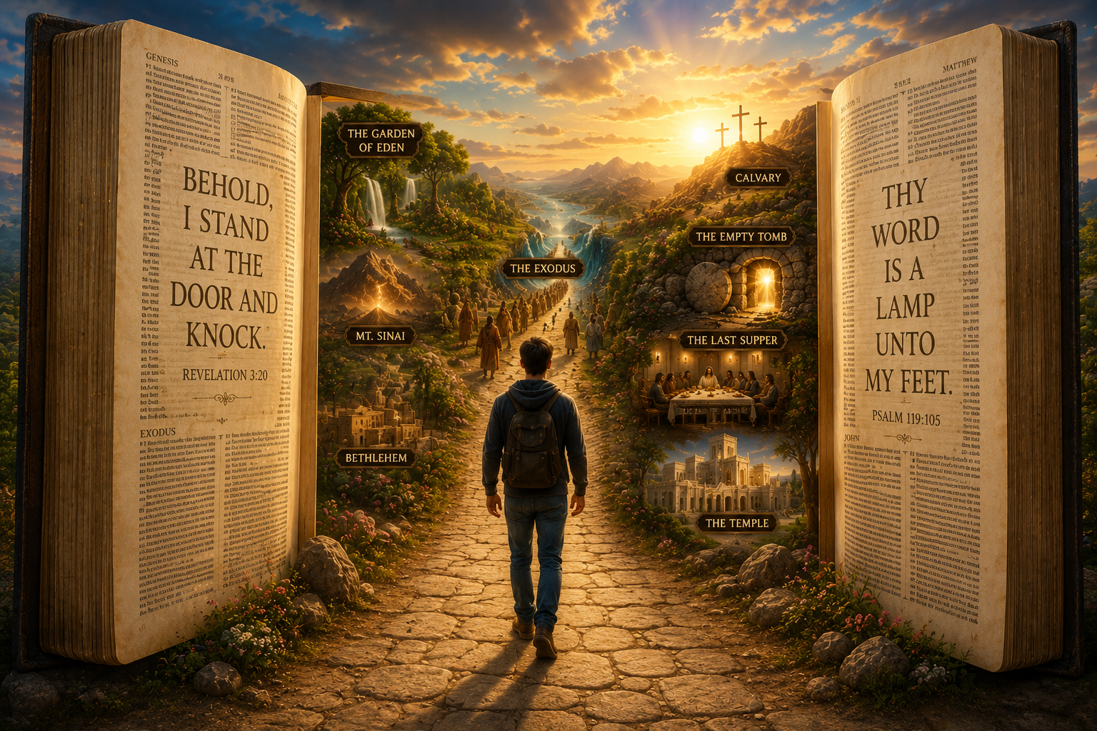 A person walking through an enormous open Bible into a world of scripture scenes.