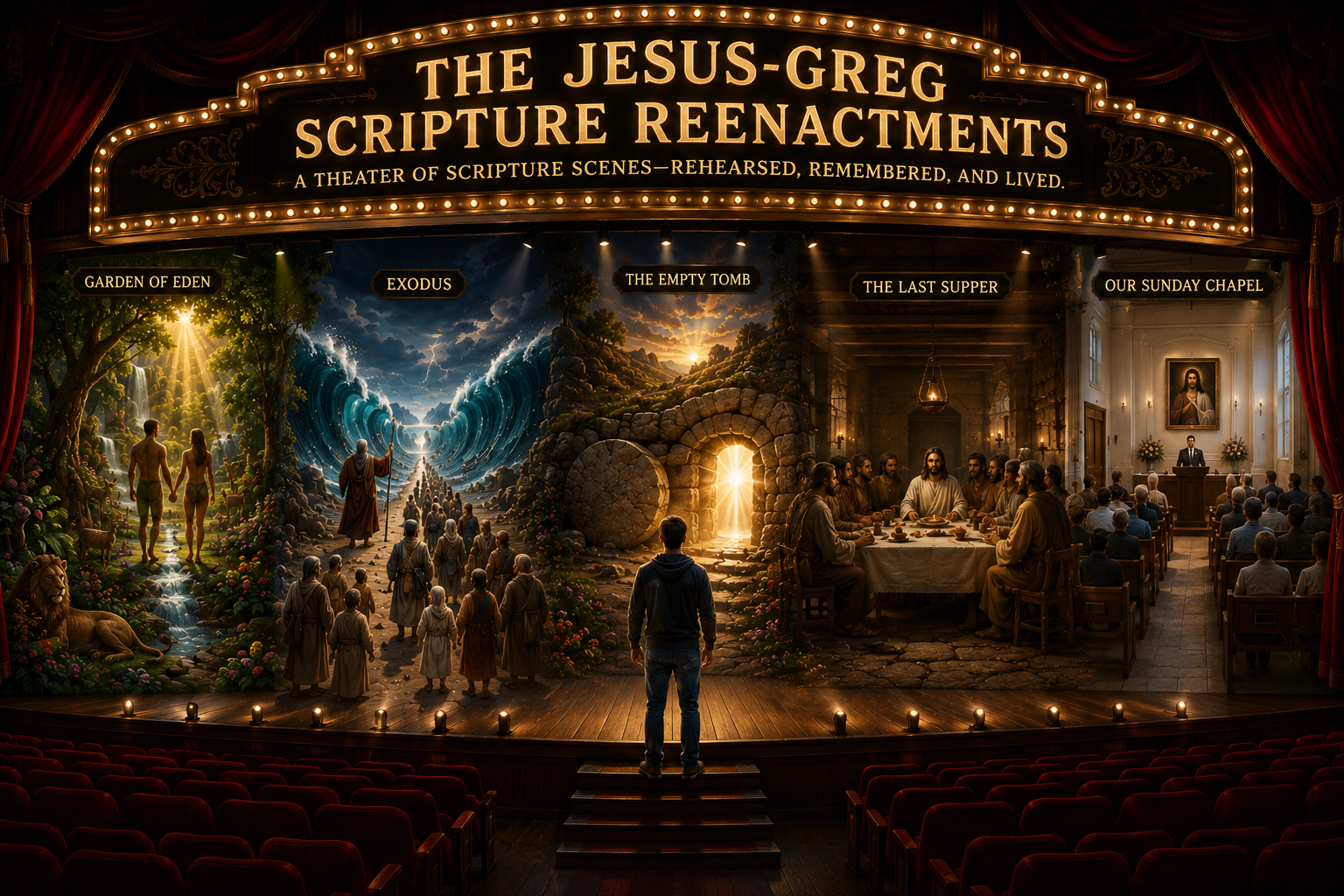 A theater stage containing the Garden of Eden, Exodus, the empty tomb, the Last Supper, and a modern chapel.