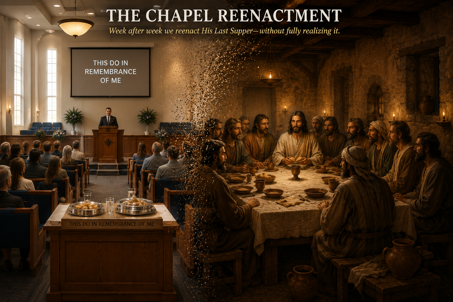A modern Latter-day Saint chapel gradually transforming into the scene of the Last Supper.