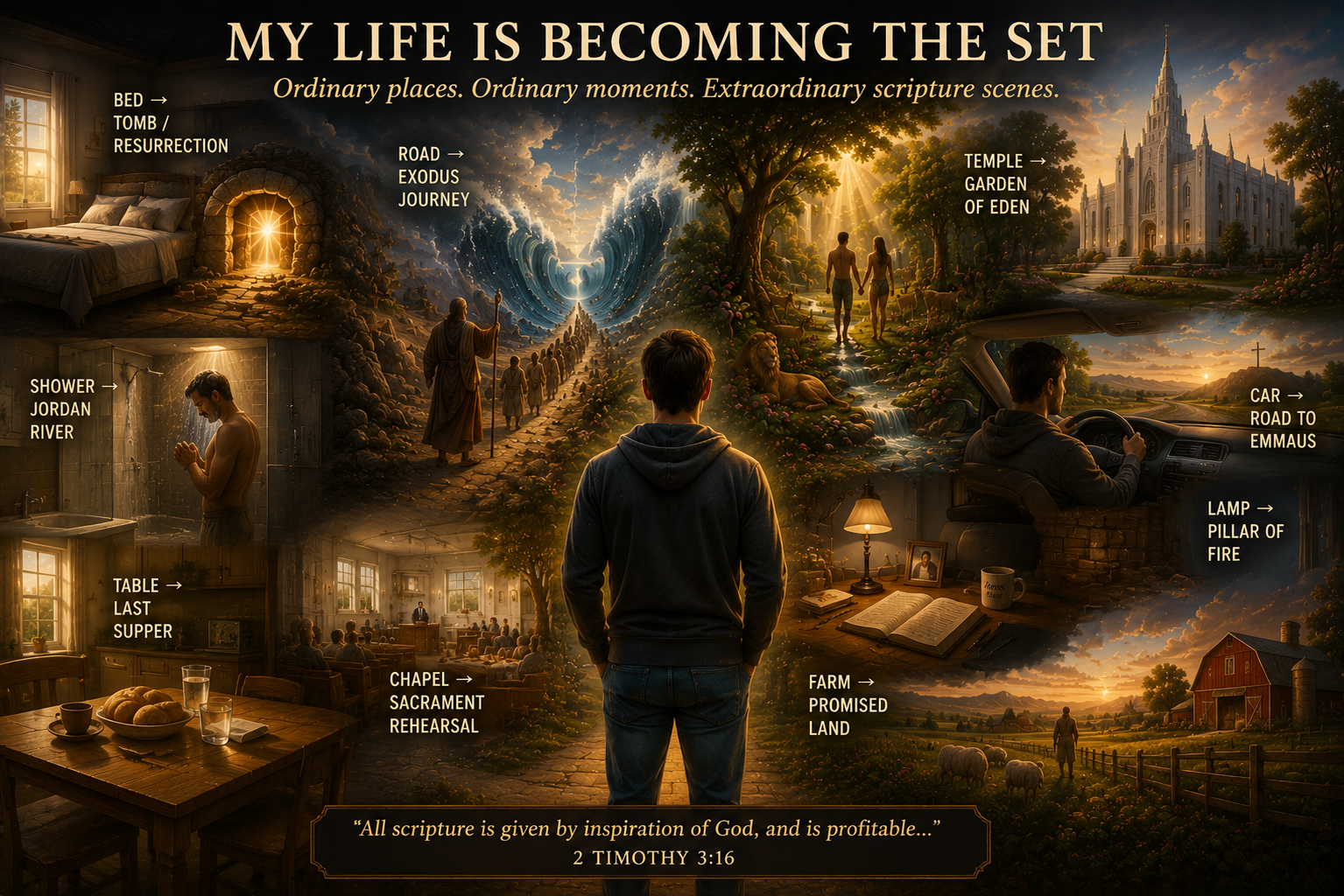 Ordinary places in a modern person's life transforming into scenes from scripture.